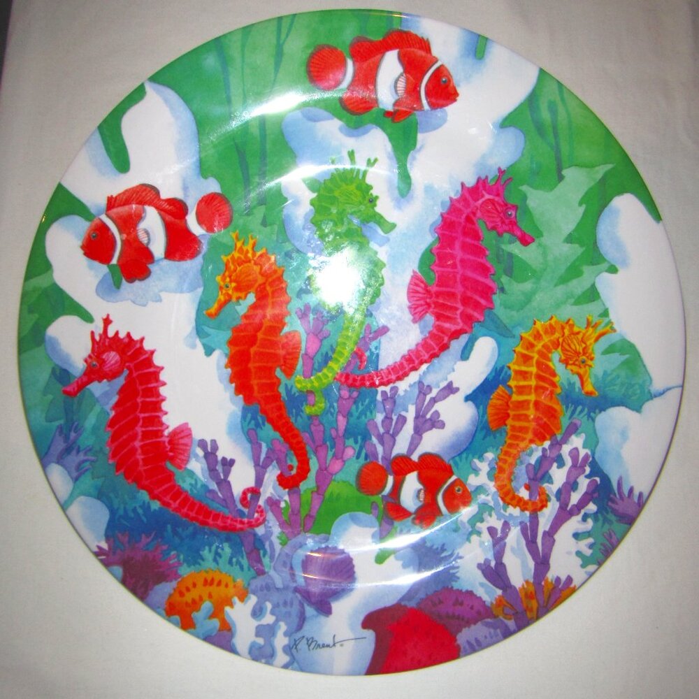 Large Round Melamine 15.5" Serving Tray, Ocean Coral Reef Seahorse P. Brent